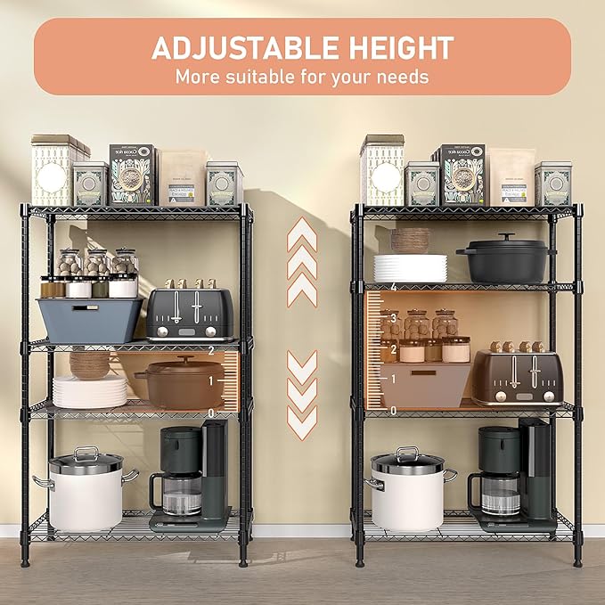1400 lbs 4 Tier Storage Rack Metal Wire Shelving Unit, Storage Standing Household Shelf Organizer for Kitchen Pantry Closet Garage Basement Utility Room, Black 15.8" D x 45.3" W x 59.4" H