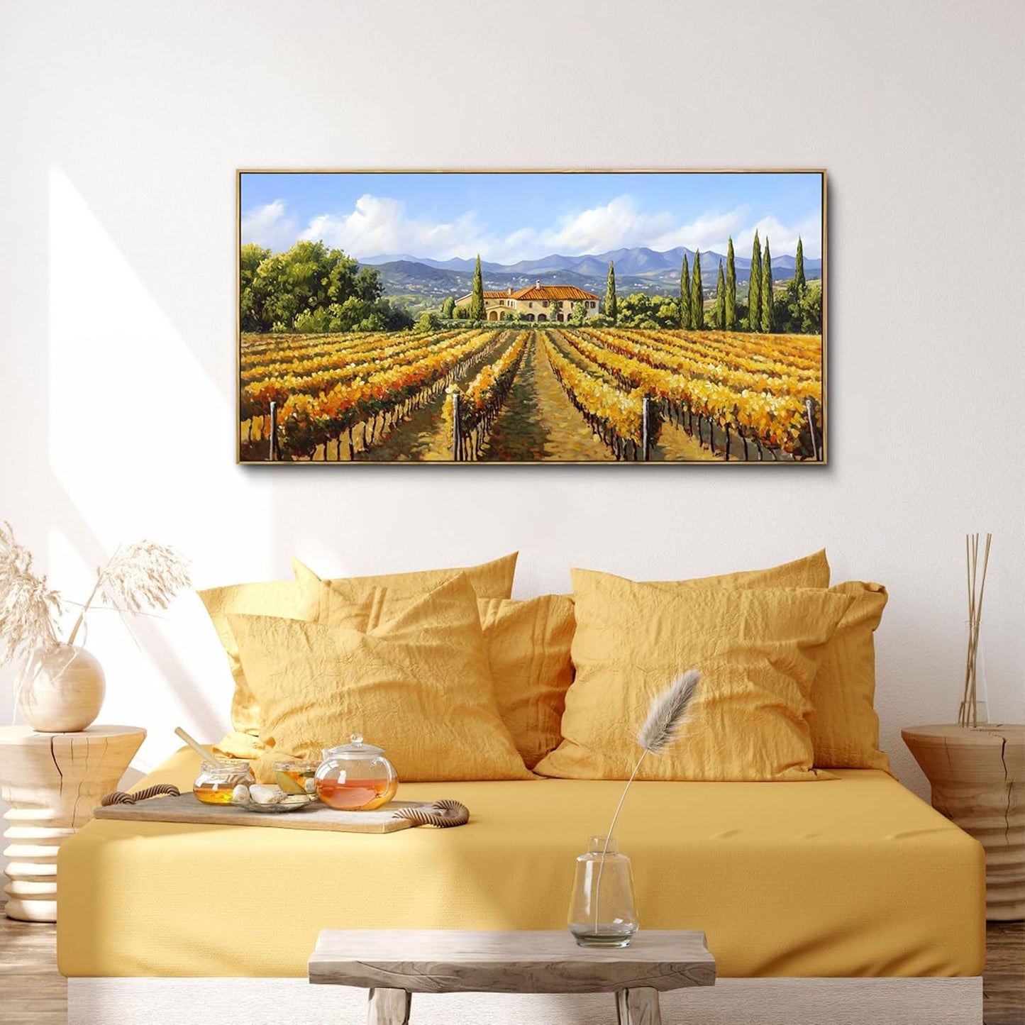 XLSJERST Fall Picture - Orange Wall Art Vineyard Large Landscape Autumn Framed Wall Decor Living Room Vintage Artwork Nature Forest Canvas Wall Art for Bedroom Office Fall Wall Decor - 40x20 Inches