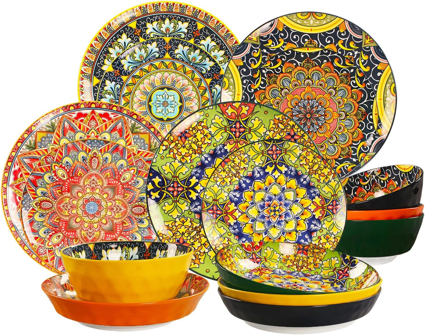 Mandala Dinnerware Sets, Plates and Bowls Set, Porcelain Dishes Service for 4, Zanzibar, Bohemian Style Dining Ware, for Kitchen and Dining Multicolor Dinnerware Set, Colorful No.1