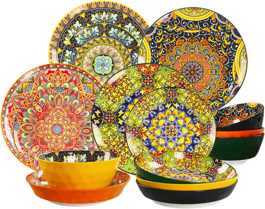 Mandala Dinnerware Sets, Plates and Bowls Set, Porcelain Dishes Service for 4, Zanzibar, Bohemian Style Dining Ware, for Kitchen and Dining Multicolor Dinnerware Set, Colorful No.1