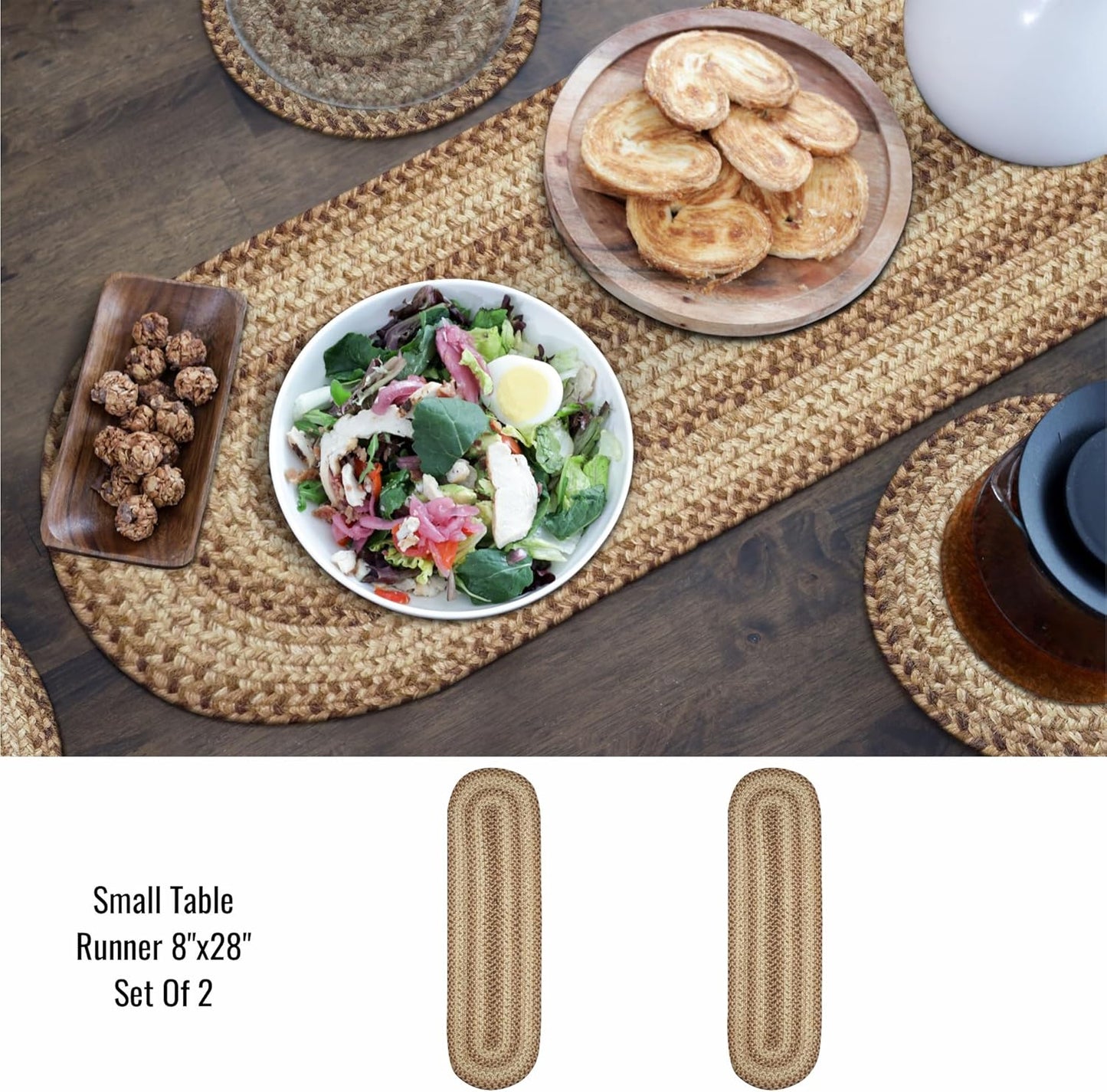 Homespice Cookie Dough Jute Braided Table Runner, Country Rustic Decor, Set of 2, Brown Oval 8x28 - Also Ideal as Stair Treads - Rich Colors, Easy to Clean, Durable and Protects Furniture