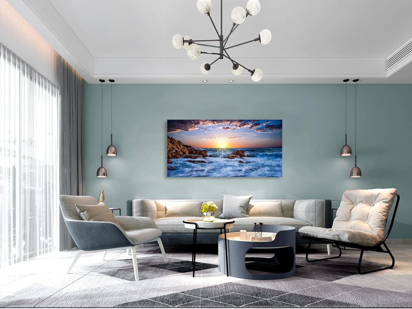 Muolunna BK05850 Wall Art Decor Canvas Print Picture Sunset Blue Ocean 1 Panel Sea Waves Scenery Painting Artwork for Office Wall Decor Home Decoration Stretched and Framed Ready to Hang 20x40inch