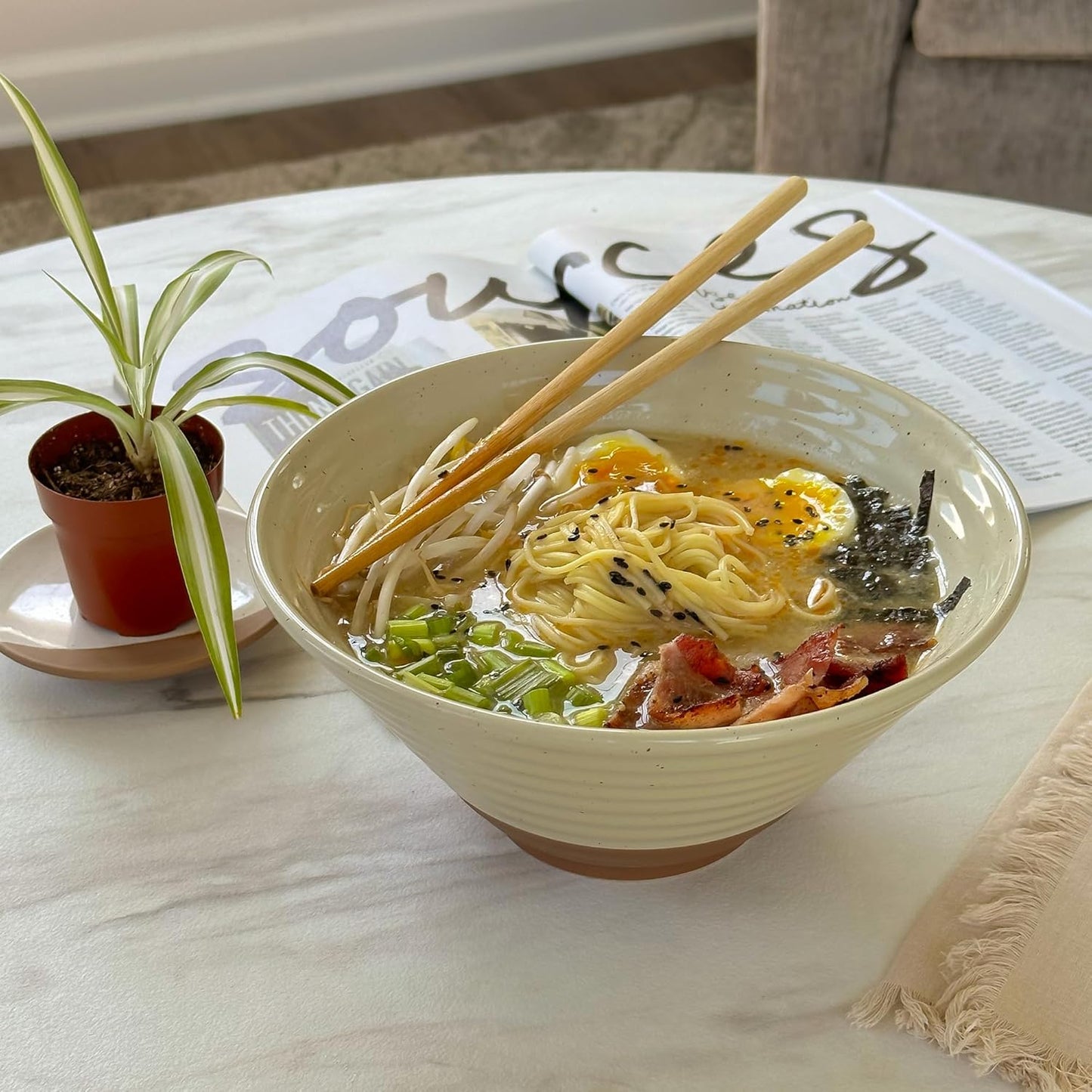 Mora Ceramic Ramen Bowl Set of 2, 45oz - Great for Pho, Miso Udon Soup, Instant Noodles, Serving, Thai or Asian Food - Microwave Safe Large Japanese Noodle Bowls, Modern Kitchen - Assorted Neutrals