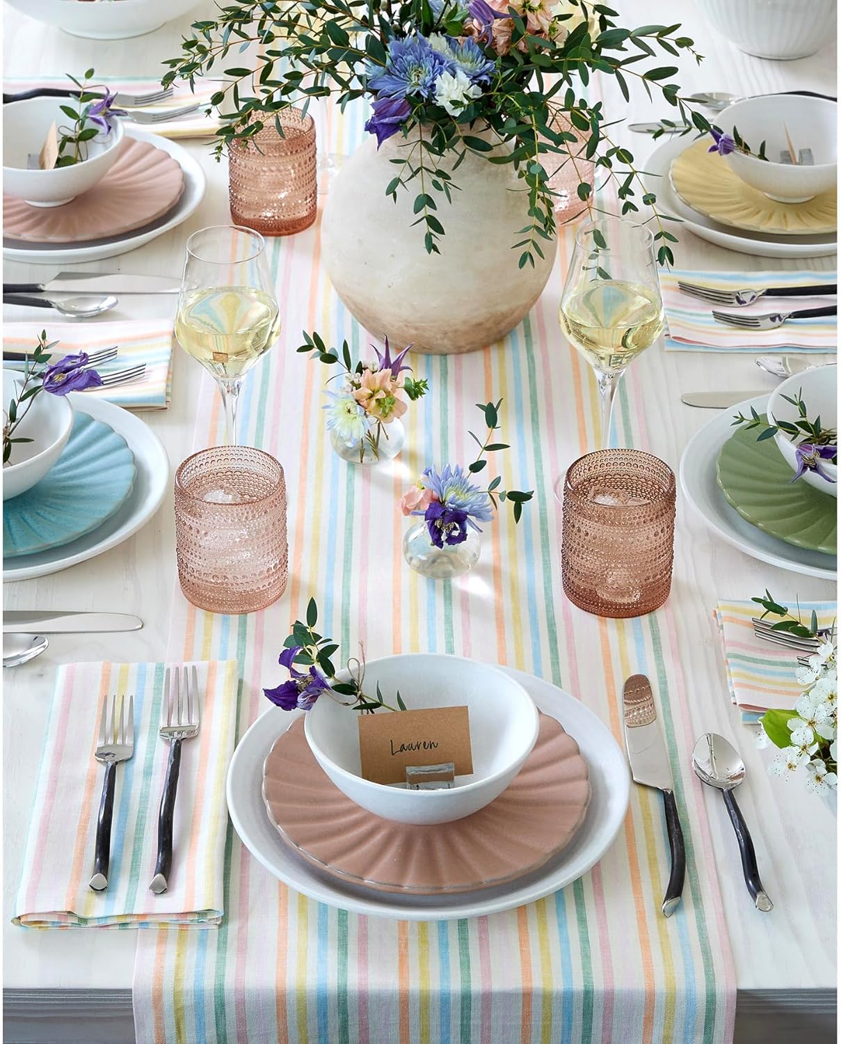 Solino Home Linen Table Runner 48 Inches - Julia 100% Pure Linen Multicolor Muted Pastel Stripe Farmhouse Table Runner 14 x 48 Inch Ideal for Dresser and Coffee Tables