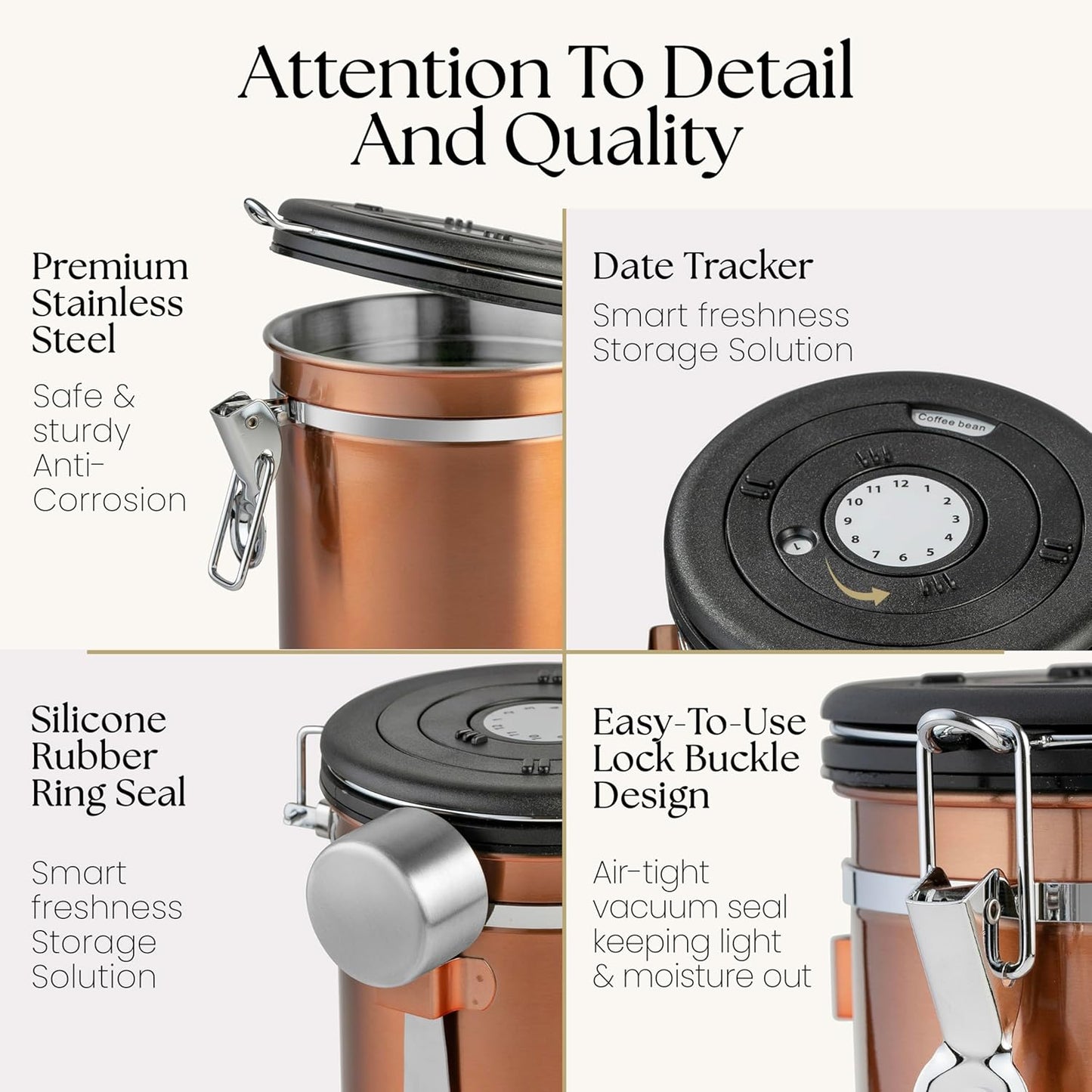Mixpresso 16 Oz Copper Coffee Canister, Stainless Steel Airtight Coffee Container, Ground and Bean Storage with Date Tracker, Vacuum Sealed Espresso Airtight Container, Sugar Container
