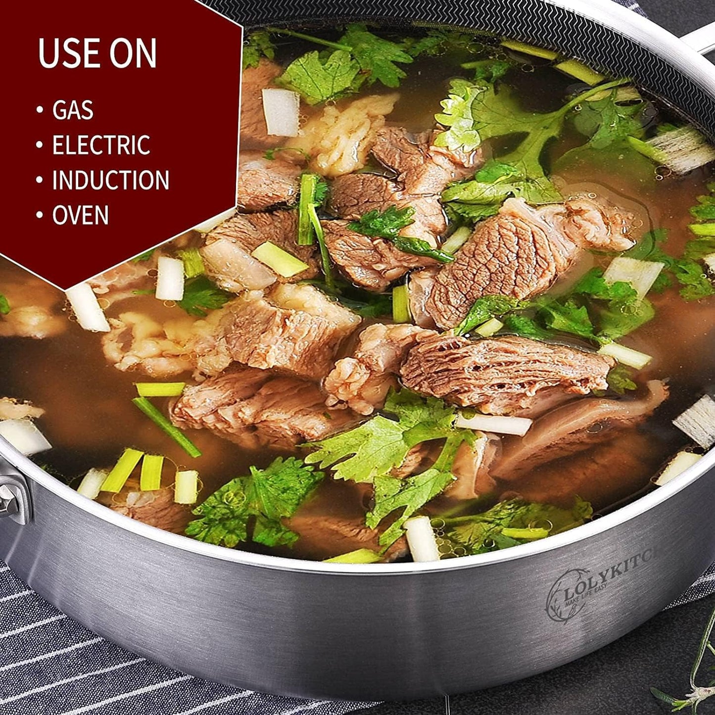 LOLYKITCH Tri-Ply Stainless Steel 10 Inch Non-Stick Sauté Pan with Lid,Induction Deep Cooking Pan, Dishwasher and Oven Safe