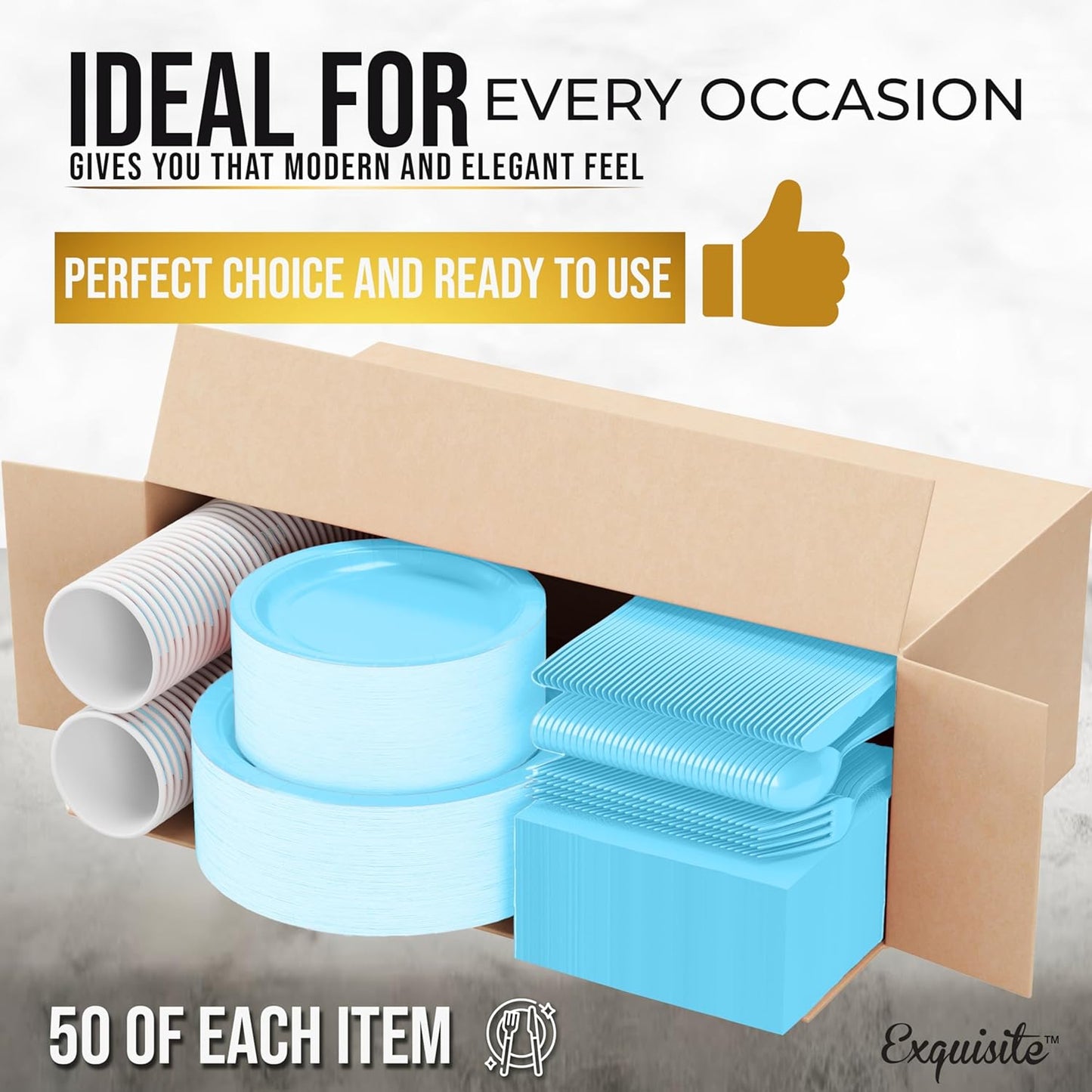 Exquisite 350 Pcs Light Blue Paper Plates For Party, Light Blue Disposable Plates Set, 50 Of Each 9" Dinner Plate Set, 7" Dessert Plate, Cups, Napkins & Cutlery Paper Dinnerware