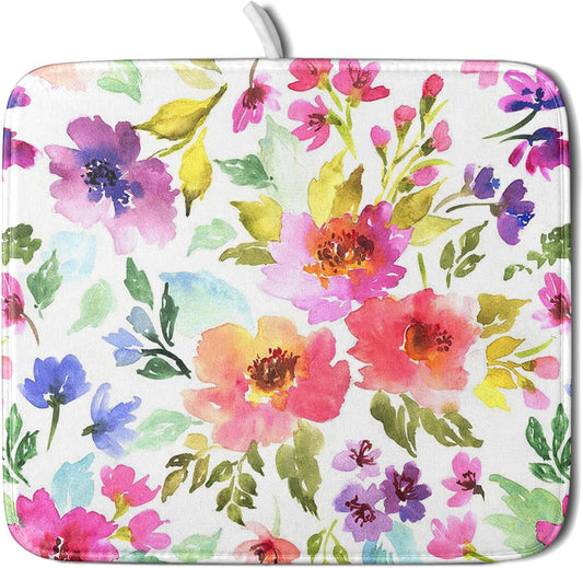 Floral Dish Drying Mats for Kitchen Counter 16×18 Inch Drying Mat for Dishes Microfiber Dish Rack Mat Kitchen Decor Watercolor Flowers Drainer Pad Washable Foldable Ultra Absorbent Dry Mat