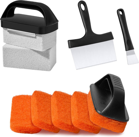 Griddle Cleaning Kit for Blackstone, Flat Top Grill Cleaning Kit with Griddle Scraper, Grill Brick, Scouring Pads & Ergonomic Handles for Deep Clean Grease, Burnt Residue (11 PCS)