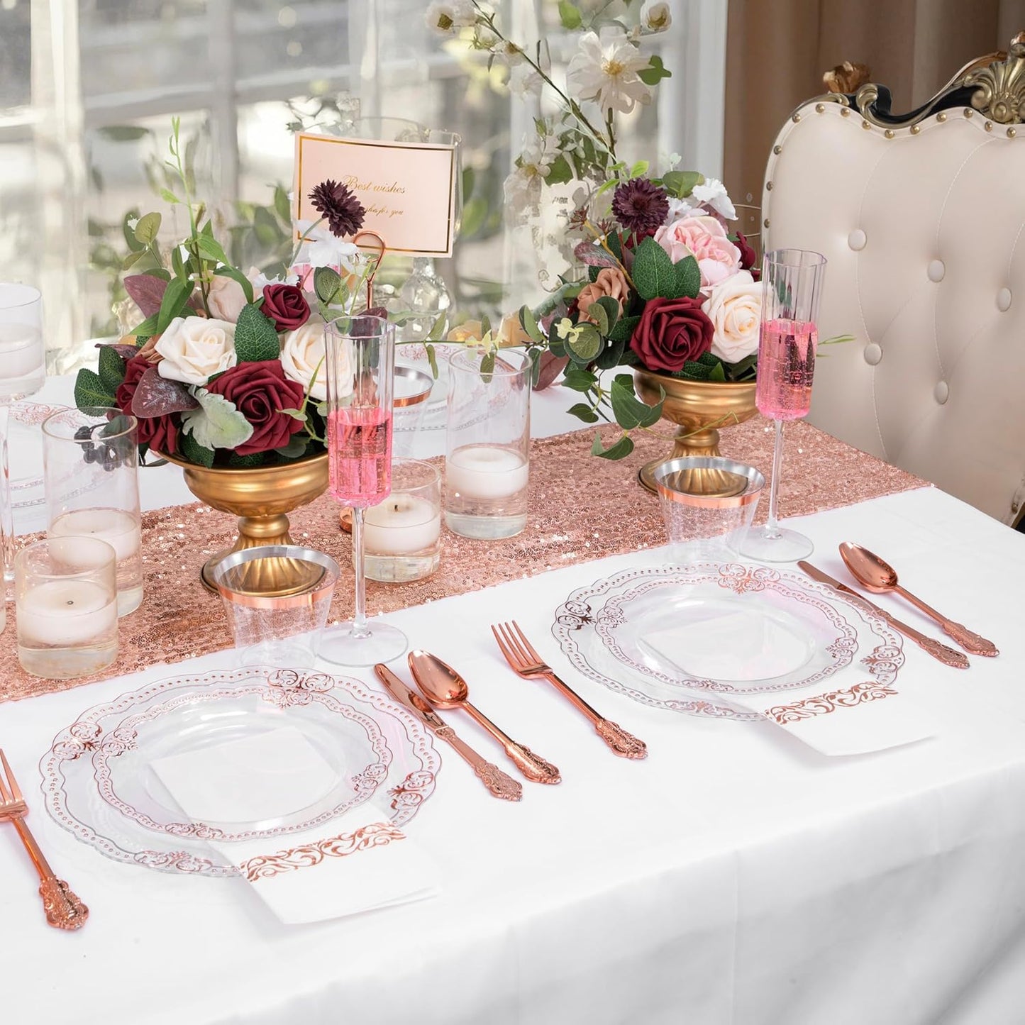 Ciaell 175 PCS Rose and Gold Plastic Plates - Fancy Rose Gold Disposable Dinnerware Set with of 50 Plates, 25 Knives, 25 Forks, 25 Spoons, 25 Cups, 25 Napkins for Wedding & Party