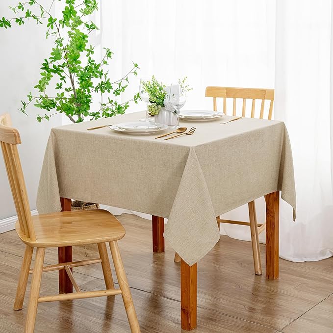 DWCN Faux Linen Tablecloth Rectangle - Beige Tablecloths Fabric Waterproof Spill-Proof Wrinkle and Stain Resistant Decorative Farmhouse Table Cover for Kitchen Dining Party, 54 x 54 Inch