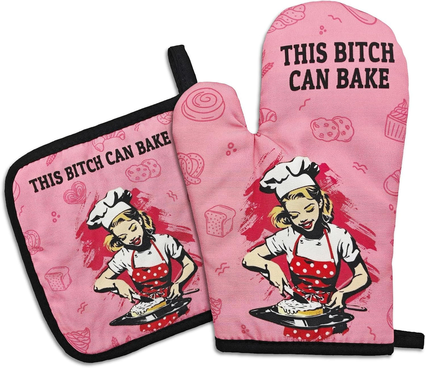 Funny Oven Mitts and Pot Holders（Set of 2） This Bxxch Can Bake Heat Resistant Mitts Retro Silicone Non-Slip Oven Mitts Kitchen Gift for Men Women Great Birthday Gift for Bake Lover Chef Mom