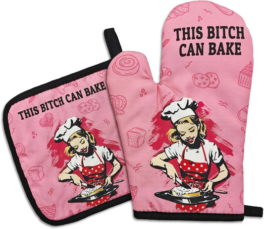 Funny Oven Mitts and Pot Holders（Set of 2） This Bxxch Can Bake Heat Resistant Mitts Retro Silicone Non-Slip Oven Mitts Kitchen Gift for Men Women Great Birthday Gift for Bake Lover Chef Mom
