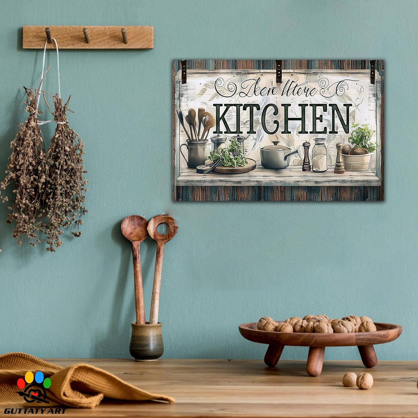 GUTTATY Farmhouse Wall Art Rustic Kitchen Decor, Ready to Hang Graffiti Kitchen Canvas Print Spoon And Vegetable,Vintage Posters Prints for Dinning Room Home Kitchen Restaurant Painting 12×18 Inch