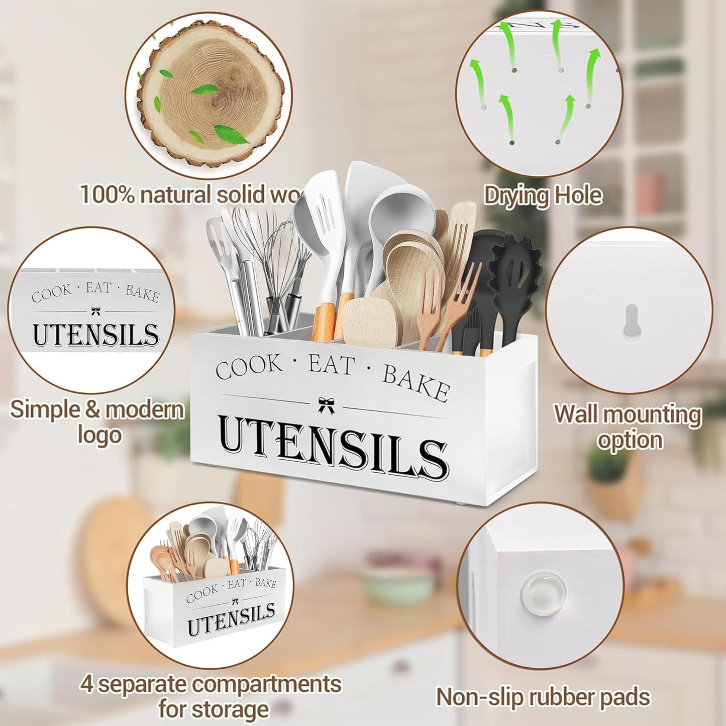 Extra Large Kitchen Utensil Holder with 4 Compartments, Wooden Countertop Organizer, Rustic Black Farmhouse Decor for Cooking Tools, Spoons, Spatulas, Knives & Forks - White Grain