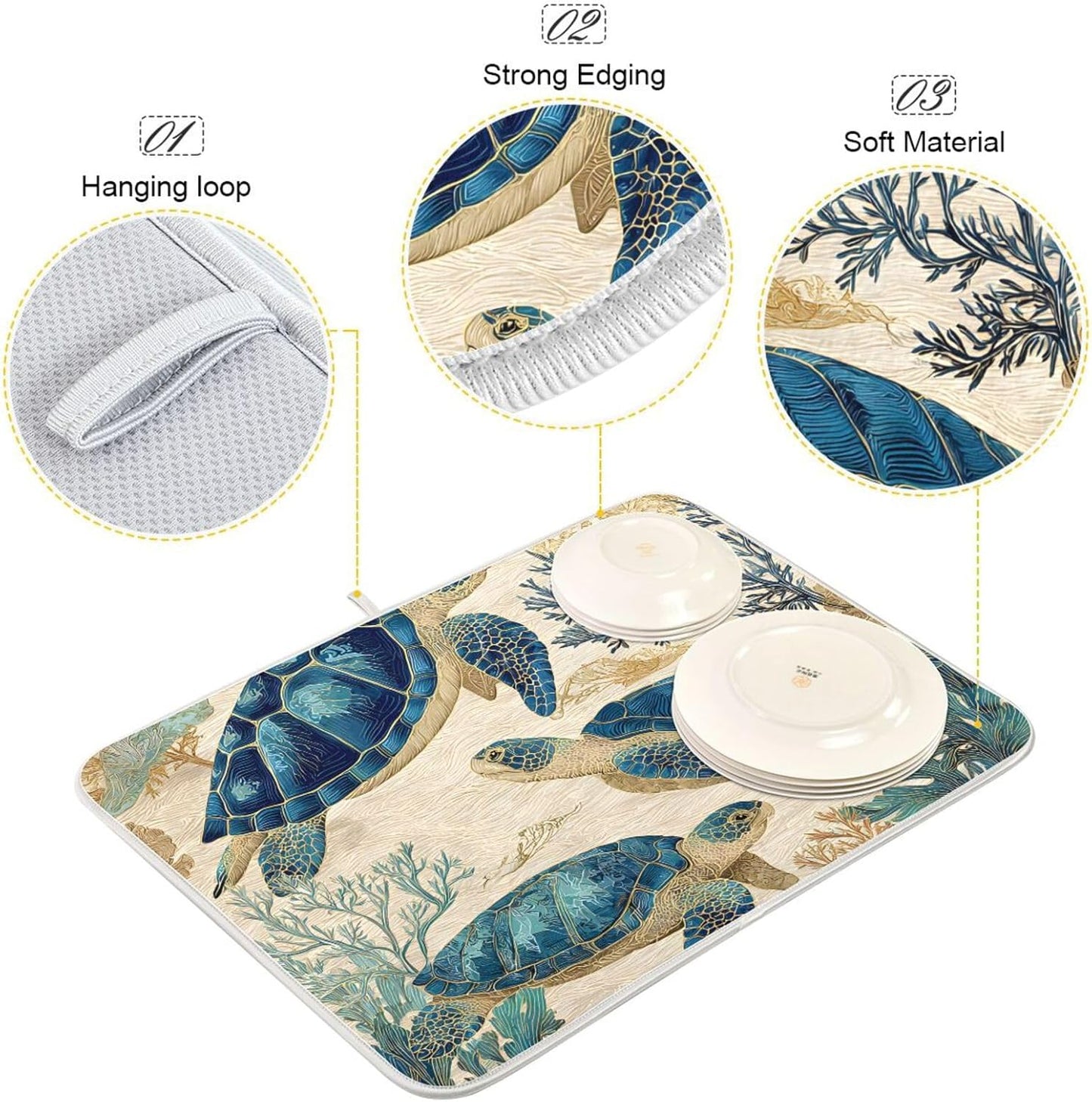 Watercolor Sea Turtle Swimming Pattern Dish Drying Mat Super Absorbent Drying Mat 16x18 inch Large Dish Drying Mats for Kitchen Counter Dish Drying Pads Kitchen Drying Matt for Countertop