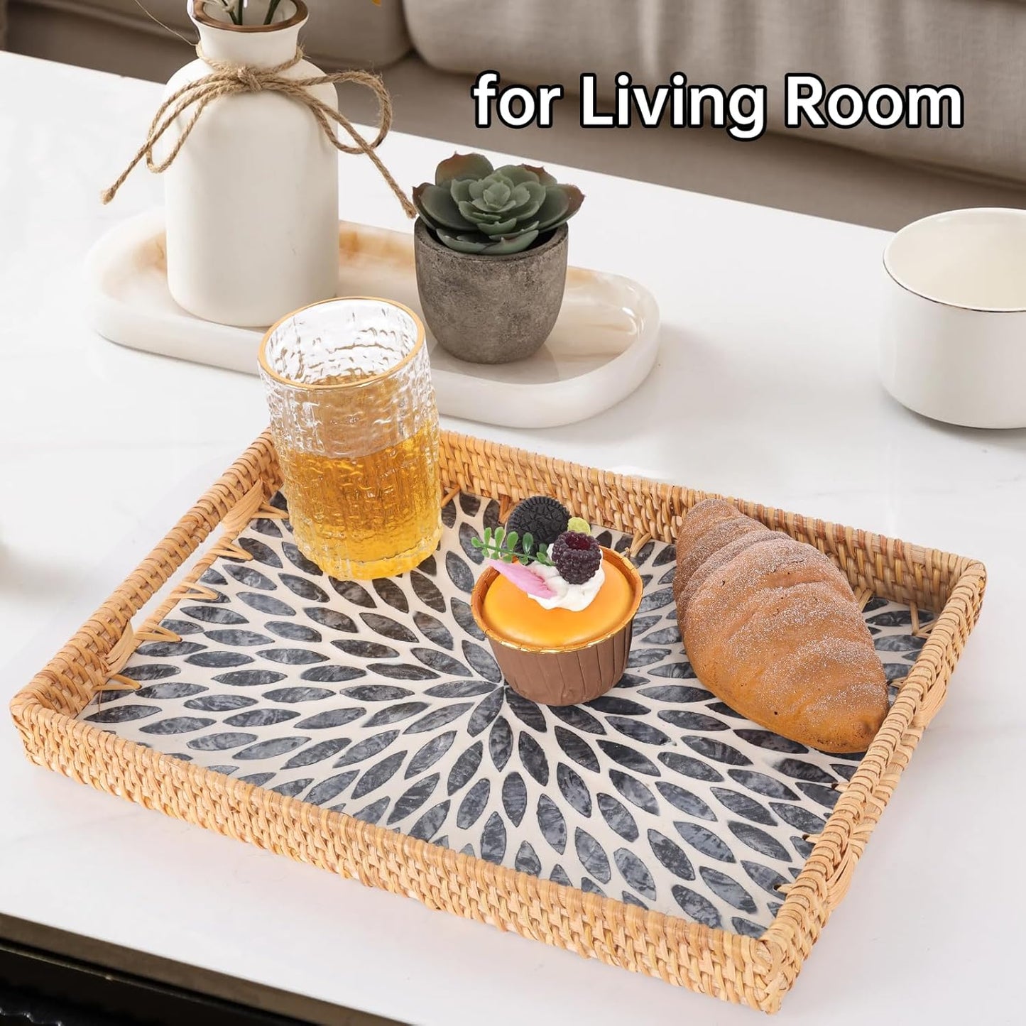 Rectangle Rattan Tray with Mother of Pearl Inlay, Rattan Serving Tray with Handle for Coffee, Bread, Fruits, Snacks, Decorative Wicker Tray for Table Decor (Rectangle Dark Blue Leaf, 13"×9")