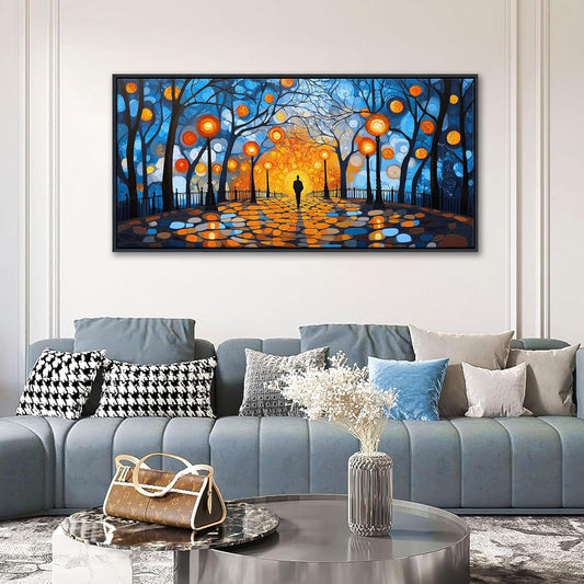 QZQCBLC Blue Canvas Wall Art, Abstract Night Scene Street Lights Wall Pictures Orange Halo Framed Paintings Trees Landscape Artwork for Living room Bathroom Bedroom Home Office Decor 20x40 IN