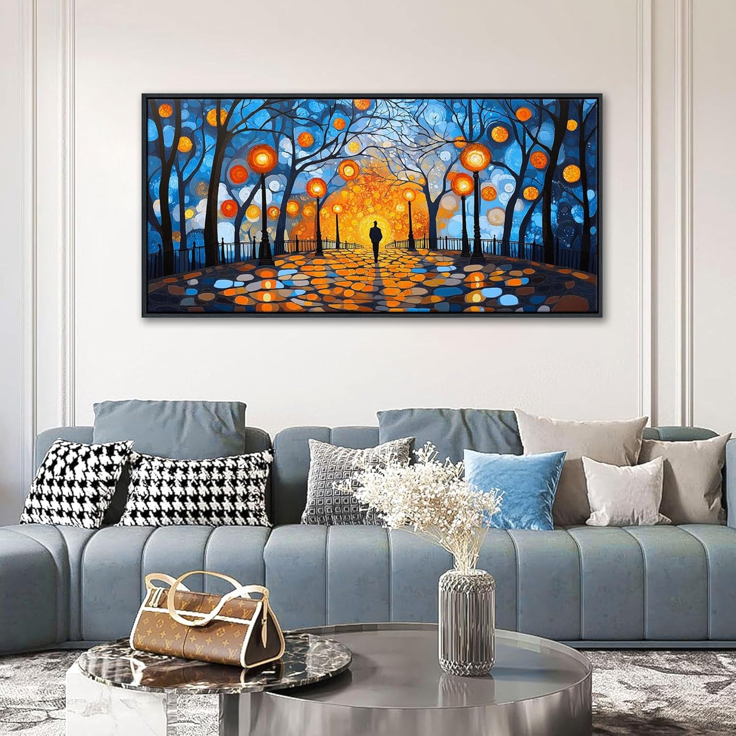 QZQCBLC Blue Wall Art Bedroom, Abstract Night Scene Street Lights Large Wall Pictures Orange Halo Trees Landscape Framed Canvas Paintings Artwork for Living room kitchen Home Office Decor 24x48 IN