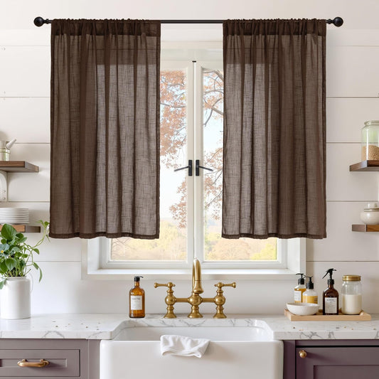 BGment Linen Curtains 40 Inch Length for Short Window, Brown Small Semi Drapes for Kitchen Cafe Over Sink Bathroom Decor Lightweight Rustic Country Textured Rod Pocket, 2 Panels Set, Each 42 Inch Wide