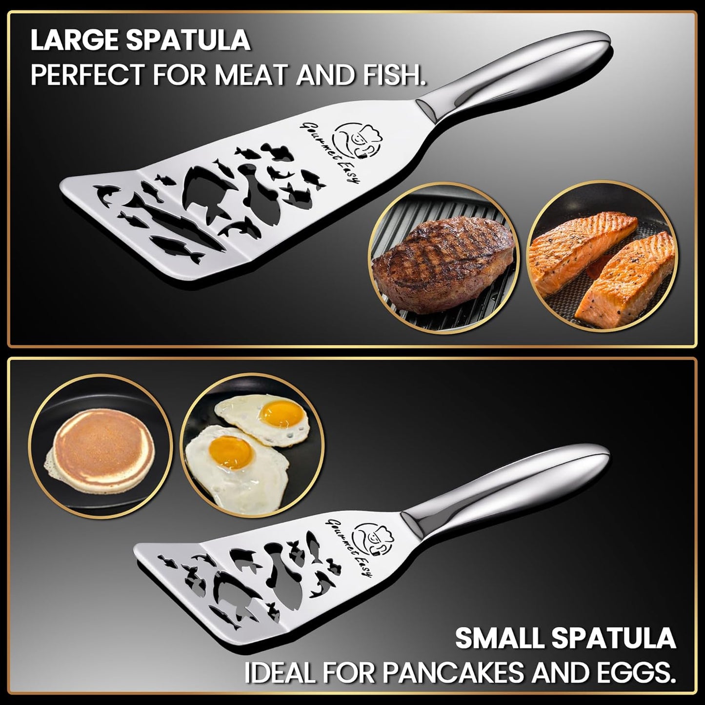 Stainless Steel Fish Spatula Set – Funky Fish Edition, 1 Large Fish Turner + 1 Small Metal Spatula, Ultra Thin Edge for Easy Turning & Flipping, Ergonomic Non-Slip Handle, Dishwasher Safe