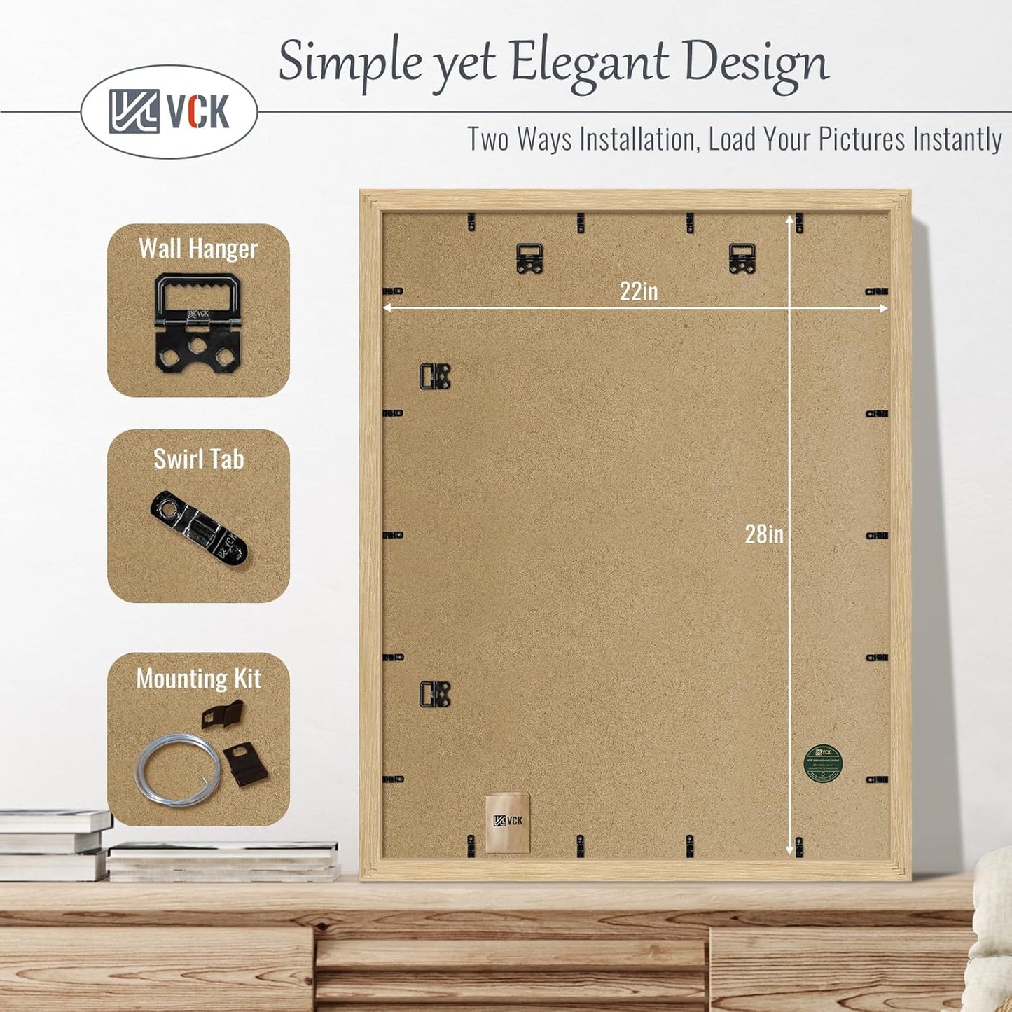 VCK 22x28 Oak Poster Frame 5 Pack, Natural Solid Wood Picture Frames, Wall Mounting Hanging