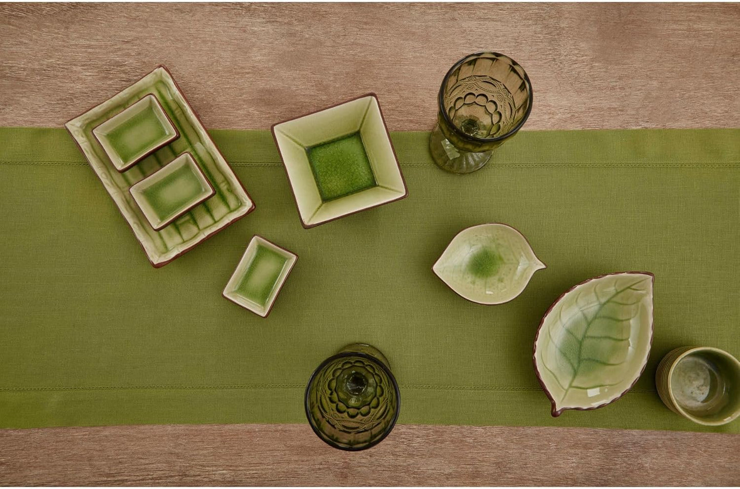 Solino Home Linen Avocado Green Hemstitch Table Runner 60 Inches - 100% Pure Linen Small Table Runner 14 x 60 Inch Ideal for Dresser and Coffee Tables - Classic Hemstitch - Fall, Autumn, Thanksgiving