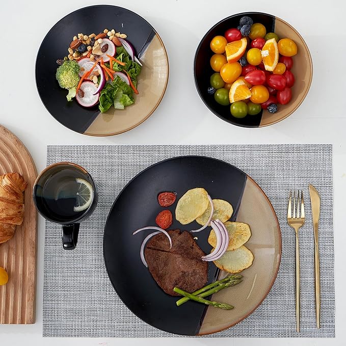 Beston Stoneware Dinnerware Sets Service for 4, 16 pcs Reactive Glaze Plates and Bowls Sets, Handmade Ceramic Dish Set, Highly Chip and Crack Resistant Modern Plate Set, Brown and Black