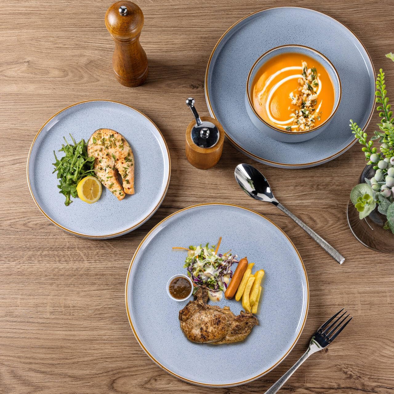 GBHOME Ceramic Dinnerware Sets for 4, 12 Pieces Stoneware Plates and Bowls Sets, Reactive Glaze Dishes -Scratch Resistant, Dishwasher&Microwave Safe-Brunnera Blue