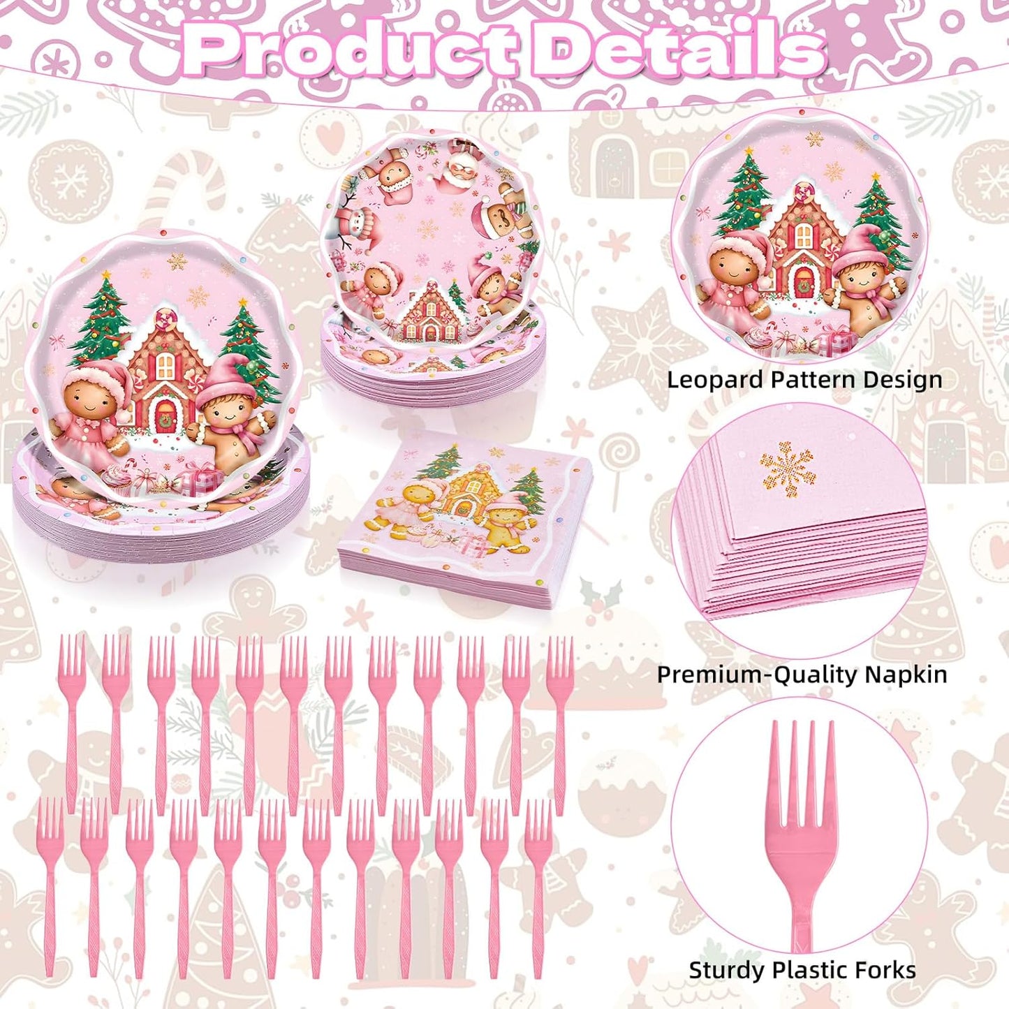 100 Pcs Pink Gingerbread Christmas Tableware Party Supplies – Disposable Holiday Dinnerware Set with Paper Plates, Napkins, and Pink Forks for Christmas Party, Winter Celebration – Serves 25 Guests