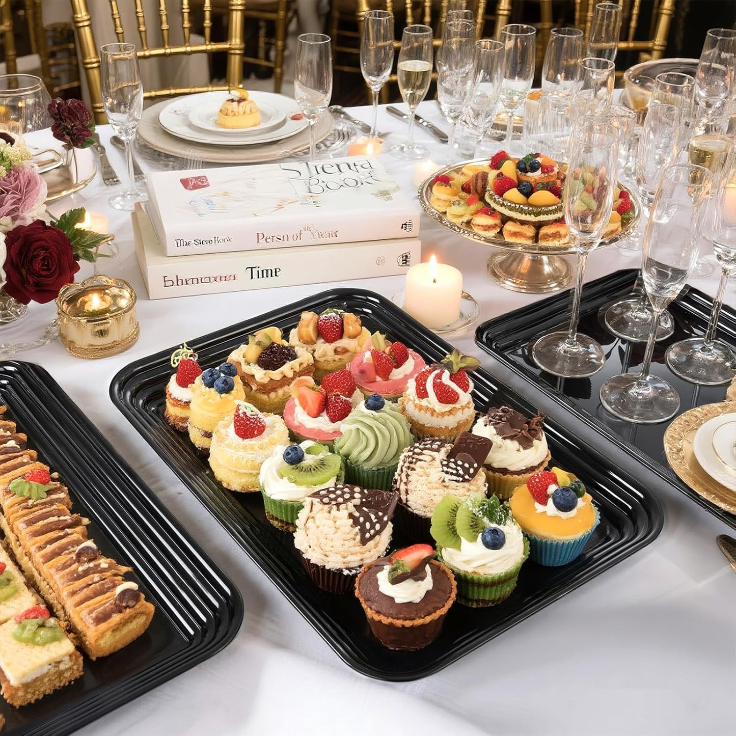 SUT 6-Pack Black Halloween Serving Trays for Entertaining-16 x 11" Serving Platters for Snacks, Fruit, Cookies Reusable Plastic Trays for Serving Food in Kitchen & Halloween Parties