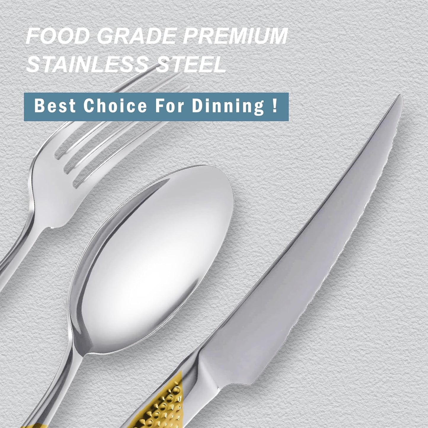 Runfly 20 Piece Hammered Gold Silver Silverware Set, 18/10 Stainless Steel Flatware Set, Modern Kitchen Utensil Set Service for 4, Tableware Set, Cutlery Set Including Fork Spoon and Knife