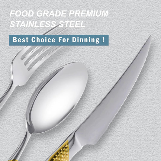 Runfly 20 Piece Hammered Gold Silver Silverware Set, 18/10 Stainless Steel Flatware Set, Modern Kitchen Utensil Set Service for 4, Tableware Set, Cutlery Set Including Fork Spoon and Knife