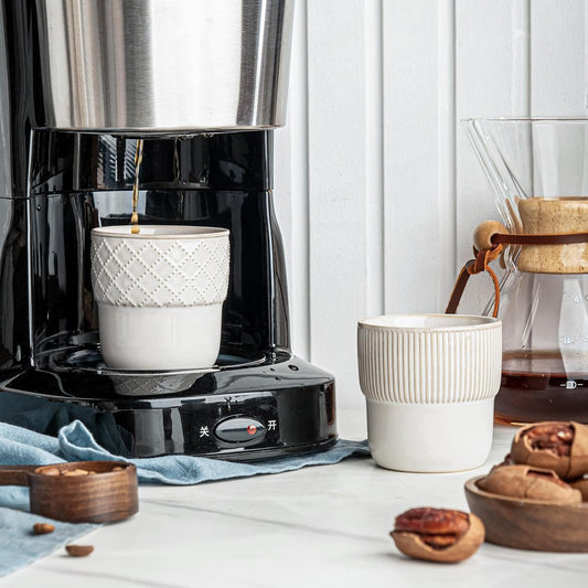 Espresso Cups Set of 2, 4oz Espresso Shot Cups, Mini Coffee Mugs Farmhouse Decor, Demitasse Cup Perfect for Coffee Maker, Microwave and Dishwasher Safe, (Embossed Stripes+Checks