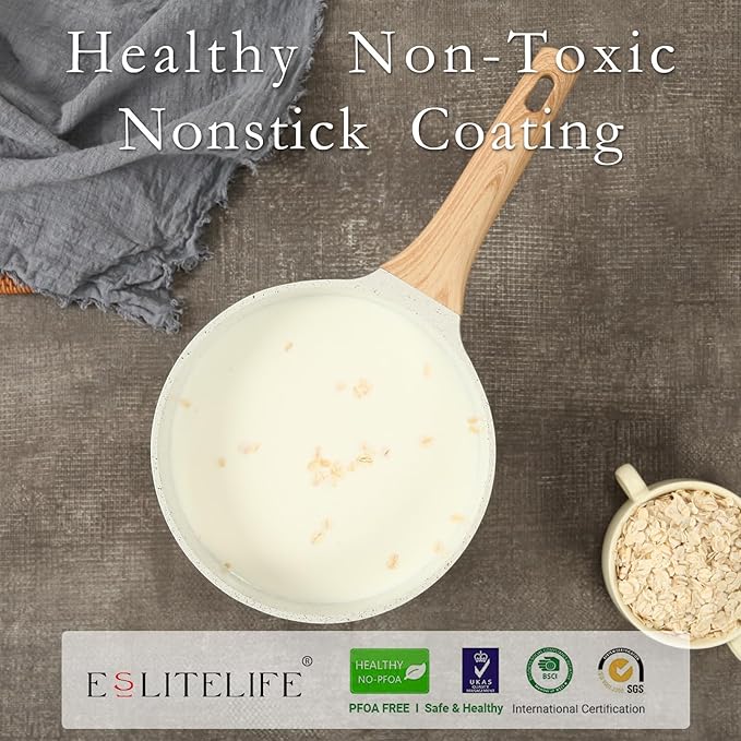 ESLITE LIFE Nonstick Sauce Pan with Lid, 2.5 QT Small Soup Pot Compatible with All Stovetops (Gas, Electric & Induction), PFOA Free, White