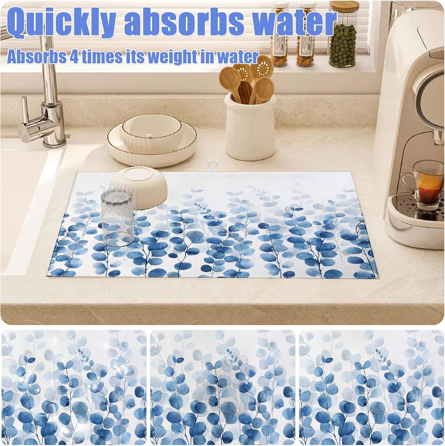 Blue Eucalyptus Leaves Dish Drying Mat for Kitchen Counter Drying Pad Absorbent Reversible Dish Drainer Rack Mats Draining Pad 18"x24"Inch