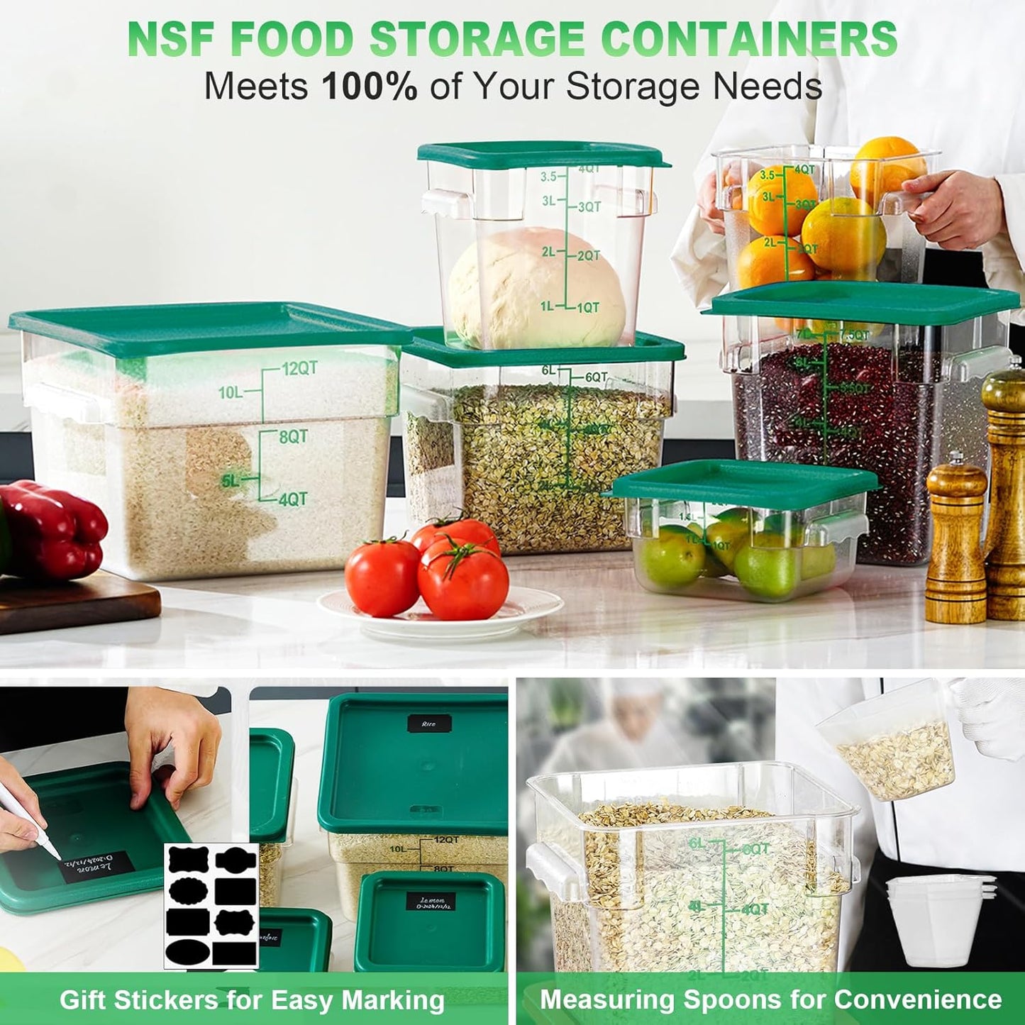 2QT&4QT NSF Food Storage Containers with Lids: 4 PCS [Total Food Grade][Hot&Cold Resistant] Commercial Clear Food Storage Containers for Restaurant Kitchen Proof Dough, Green