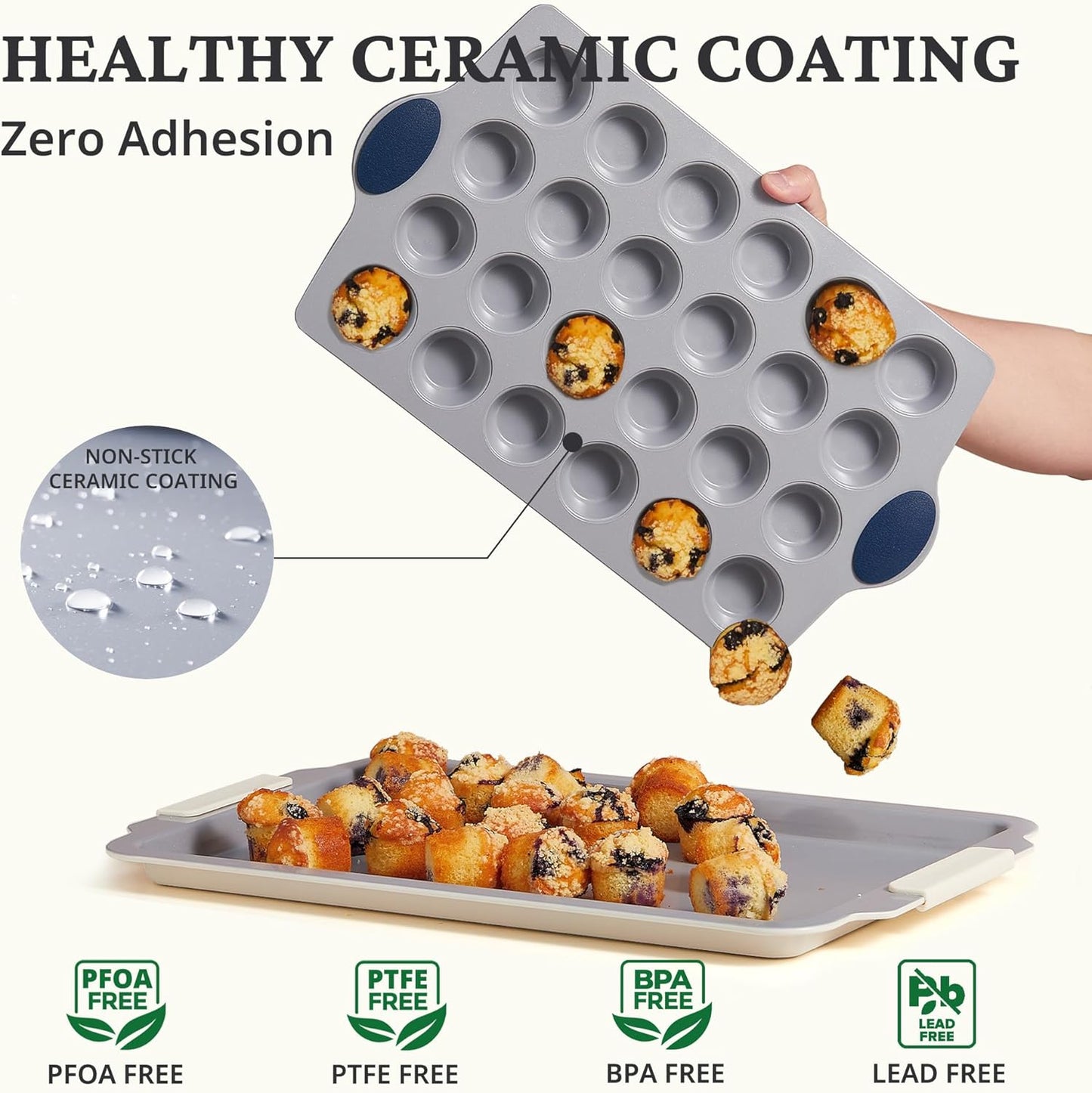 BRONYPRO Ceramic Mini Muffin Pan, 24-Cup Nonstick Aluminized Steel Mini Cupcake Pans, Healthy Non-Toxic Ceramic Coating Muffin Tin, 2 Pack Cup Cake Pans for Baking Blue