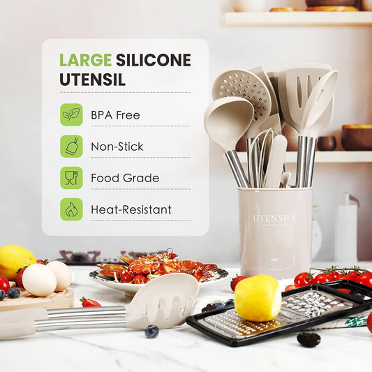 Large Cooking Utensils Set, 35 Pcs Kitchen Utensils Set with Holder, Silicone Spatula Set with Stainless Steel Handle, Whisk, Basting Brush, Kitchen Gadgets for Nonstick Cookware (Khaki)