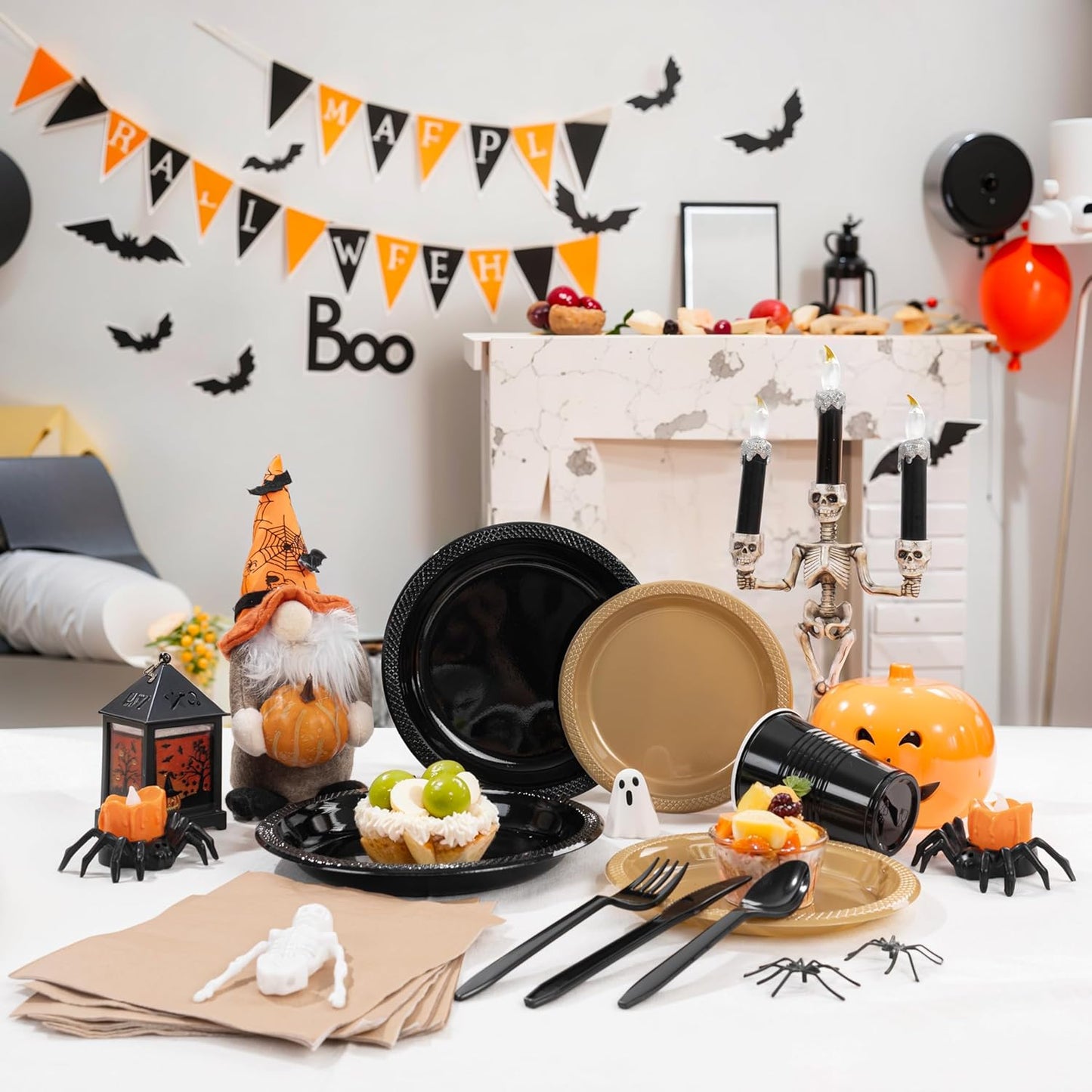 MirthMood 350PCS Black and Gold Plastic Plates,Black Disposable Plates –Plastic Plates Set Includes 50 Dinner,50 Dessert Plate,50 Cup&50 Napkins, 50 Black Silverware for Wedding& Parties& Halloween