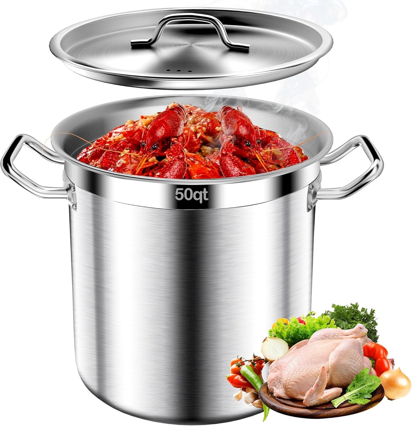 Stainless Steel Stockpot – 50QT Stock Pot with Lid, Heavy-Duty Tri-Ply Bottom Cooking Pot for Canning, Boiling Beer Brewing, Soup, Seafood Boil – Satin Finish Stainless Steel Soup Pots