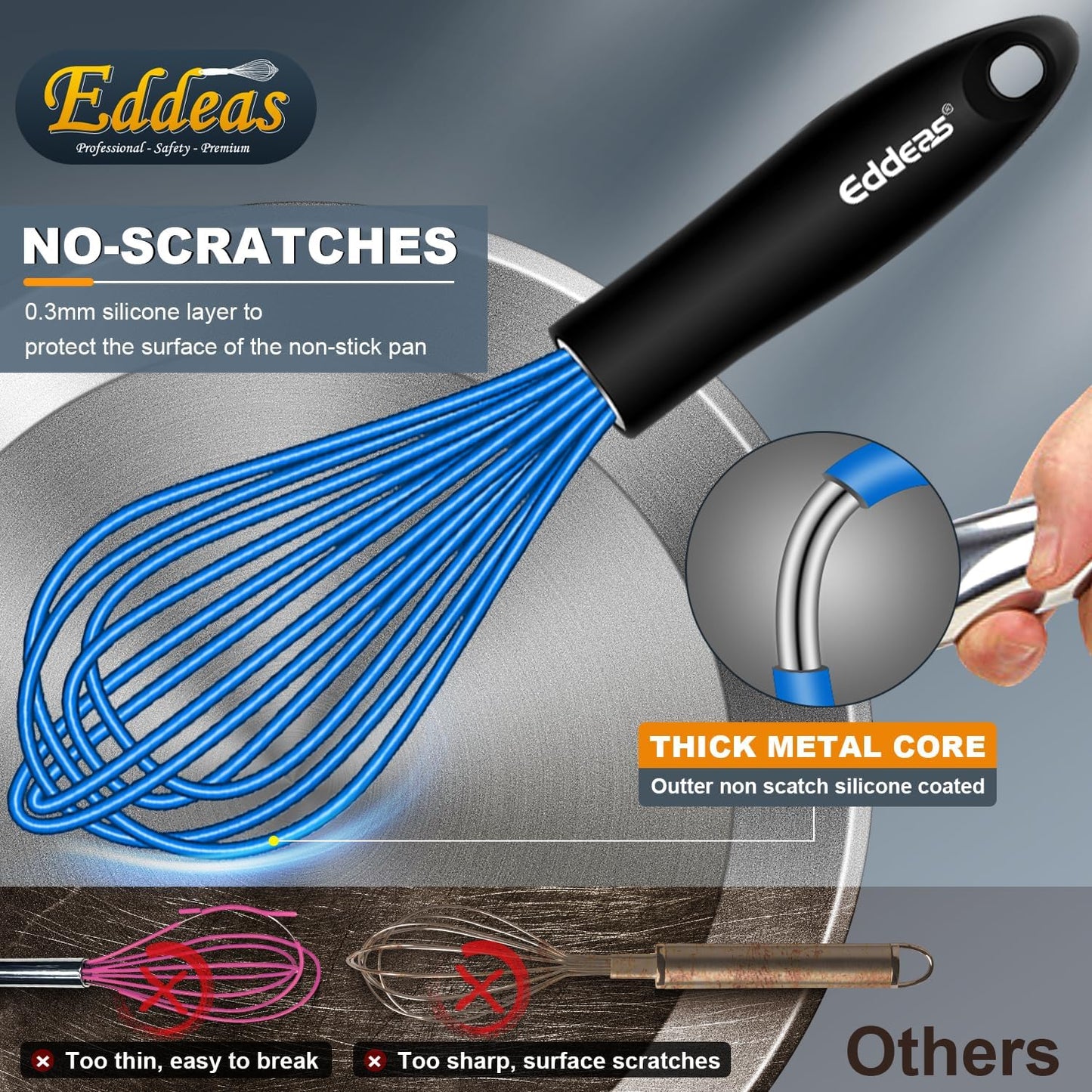 Silicone Whisk, Non Scratch Whisk for Cooking, 5+7+9+11in Balloon Whisks, Suitable for Mixing, Blending. 11in Flat Whisks great for Ceramic Coated pans and Wider shallower pots. (Blue)