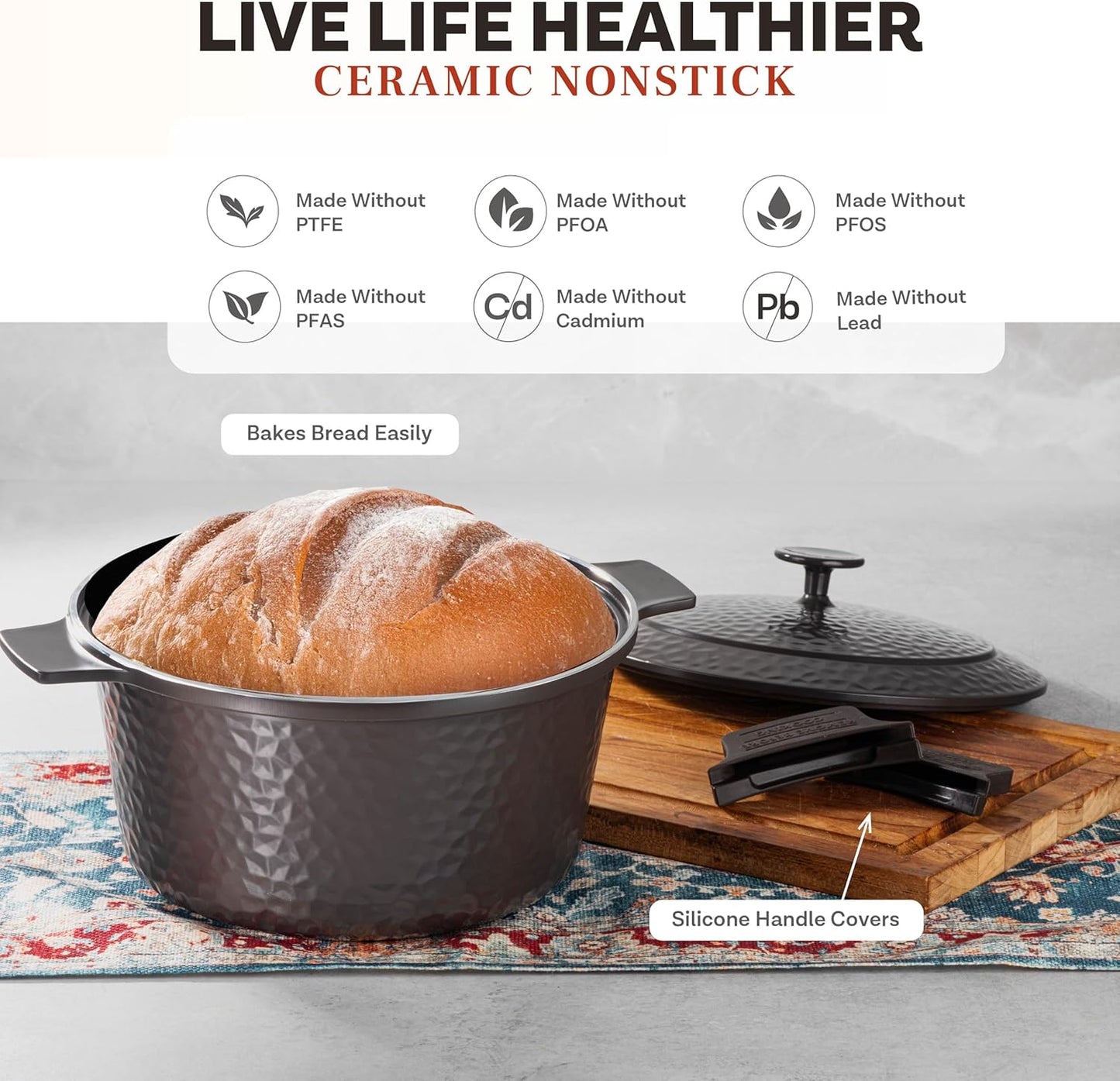 Gotham Steel Hammered 5 Qt Lightweight Dutch Oven Pot with Lid & Holders, Ceramic Non Toxic, Oven Safe & Even Heat Retaining Dutch Oven for Bread Baking Sourdough, Soup, 70% Lighter than Cast Iron