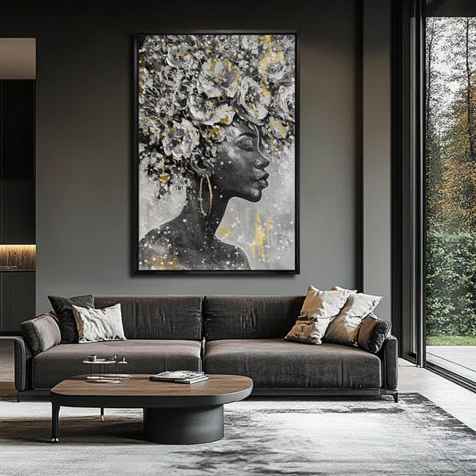 Large Black and Gold African American Wall Art with Framed Black Woman Office Bedroom Living Room Poster Home Hanging Decor 32x48 Inch
