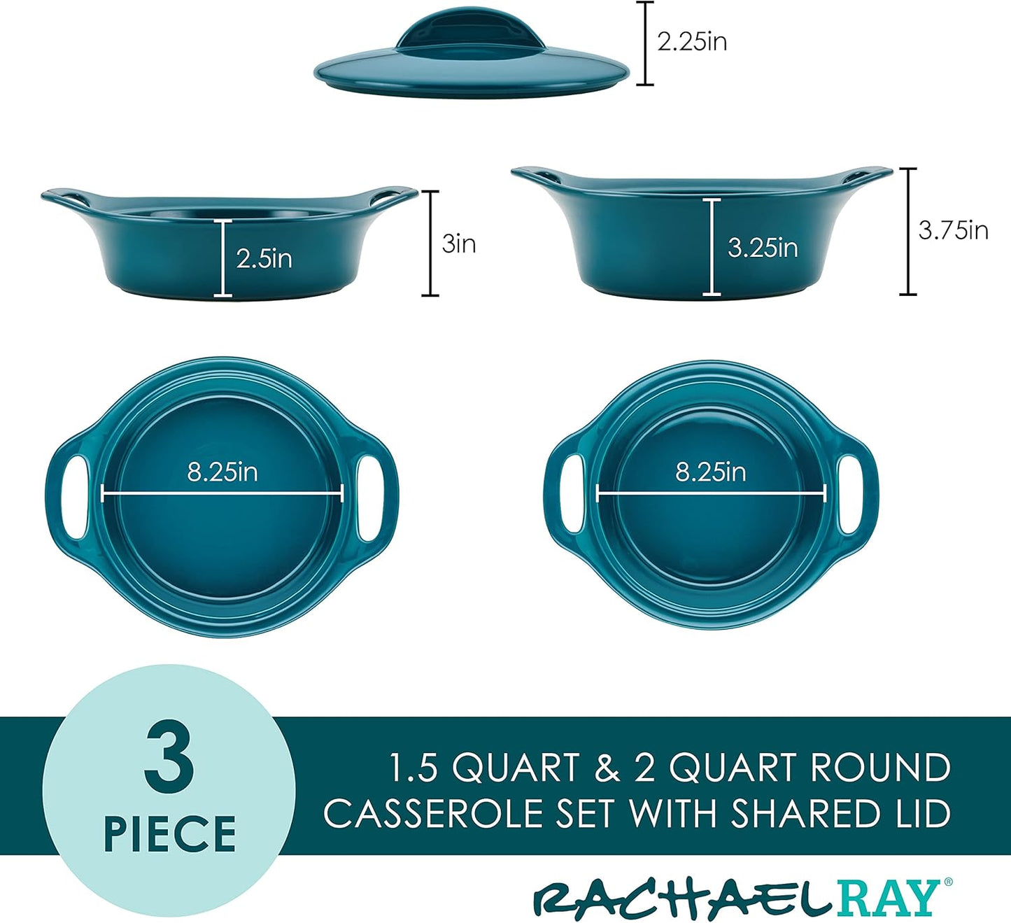 Rachael Ray Solid Glaze Ceramics Casserole Bakeware/Baker Set with Shared Lid, 3 Piece, Teal