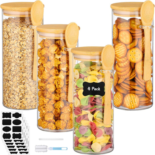 Glass Storage Jars with Airtight Lid - 4 Pack 31 Fl.oz Round Glass Jar with Bamboo Lids and Spoon, Includes Labels, Marker and Brush, Pasta Storage Containers, Cereal, Flour, Rice Canister