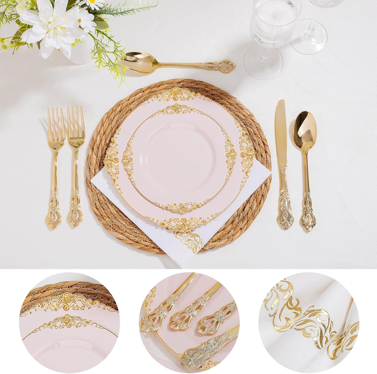 Ciaell 300PCS Pink and Gold Plastic Plates - Pink Disposable Dinnerware Sets for 50 Guests - 100 Plates, 50 Knives, 50 Forks, 50 Spoons, and 50 Napkins for Wedding, Anniversary and Party