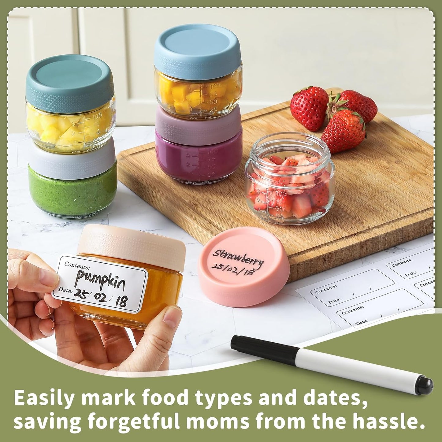 NETANY 6 Pack 4 oz Glass Baby jars with Airtight Lids, Glass Baby Food Storage Containers,Overnight Oats Containers with Lids | Microwave, Dishwasher & Freezer Safe | Includes 10 Labels