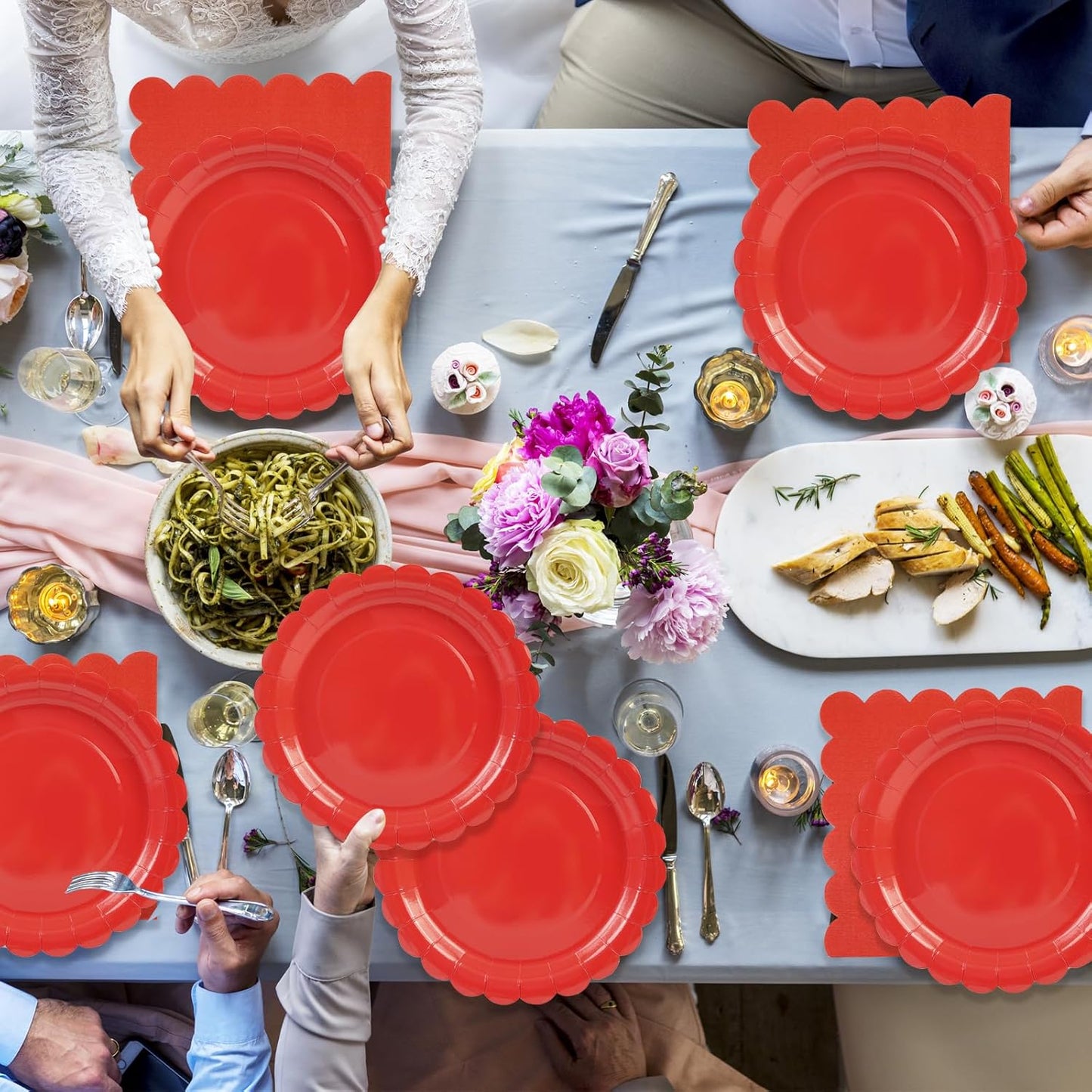 75Pcs Red Paper Plates Set-7 Inch Scalloped Christmas Plates Disposable Red Dessert Plate Nakpins Forks Party Supplies for Wedding Baby Shower Fall Pininc Birthday Table Decor Serve25