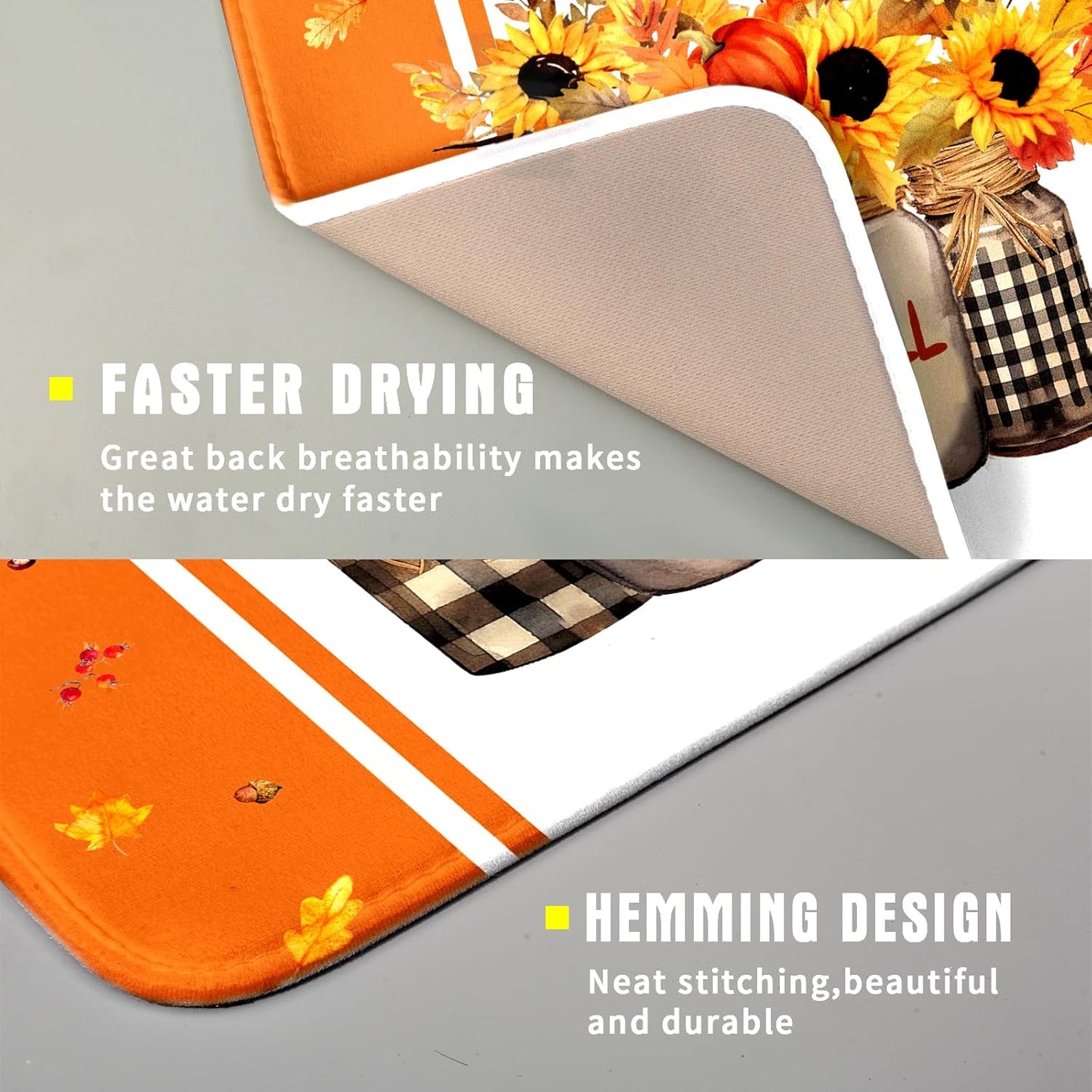 Fall Sunflower Dish Drying Mat for Kitchen Counter -Thanksgiving Autumn Flower Maple Leaves Bouquet Vase Absorbent Fast Dry Dishes Drainer Rack Mat Protector Pad 18x16in